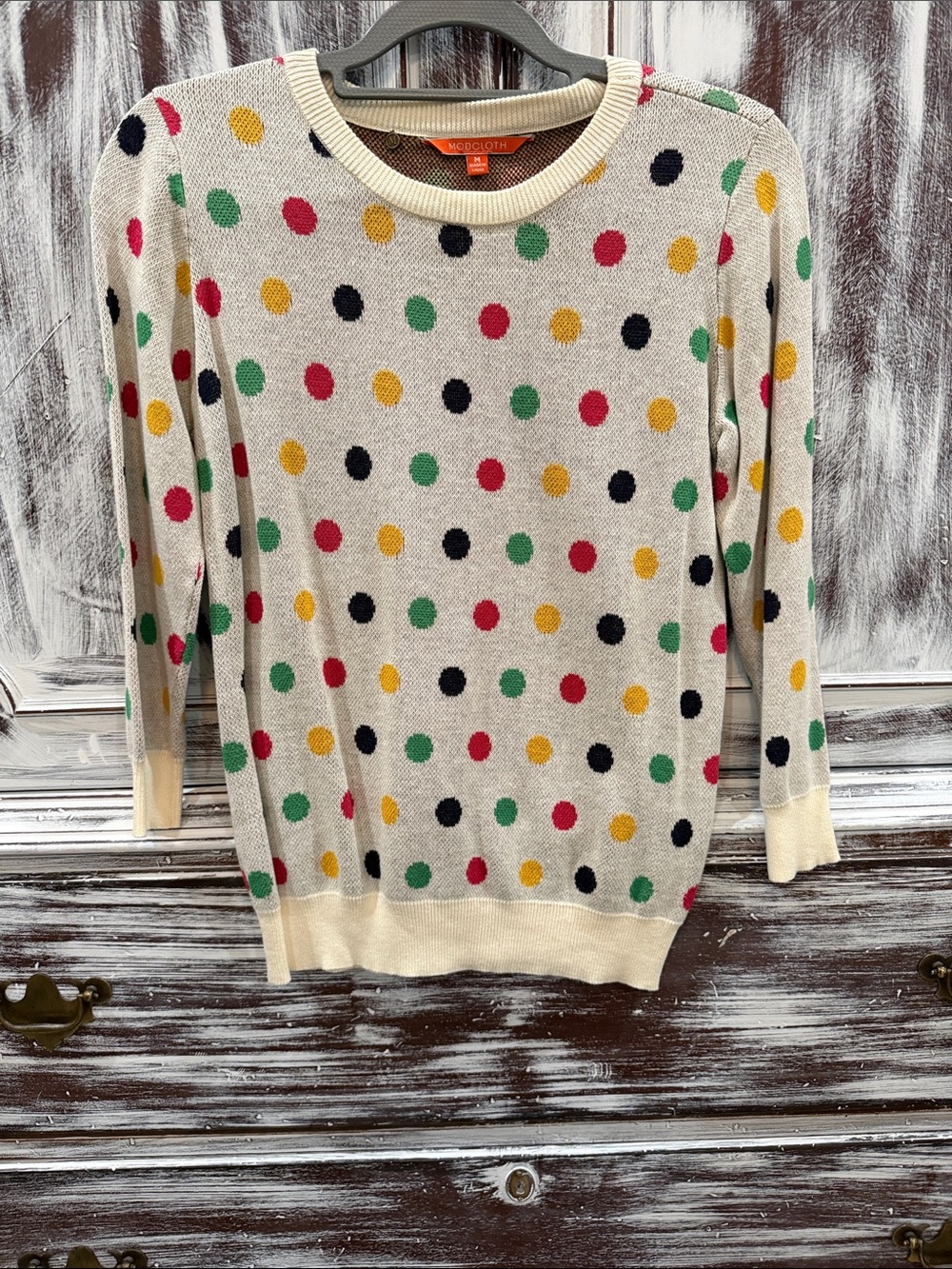 ModCloth Cream Sweater with Multicolor Polka Dots